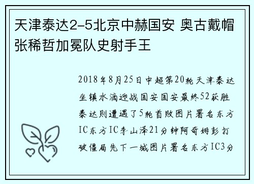天津泰达2-5北京中赫国安 奥古戴帽张稀哲加冕队史射手王